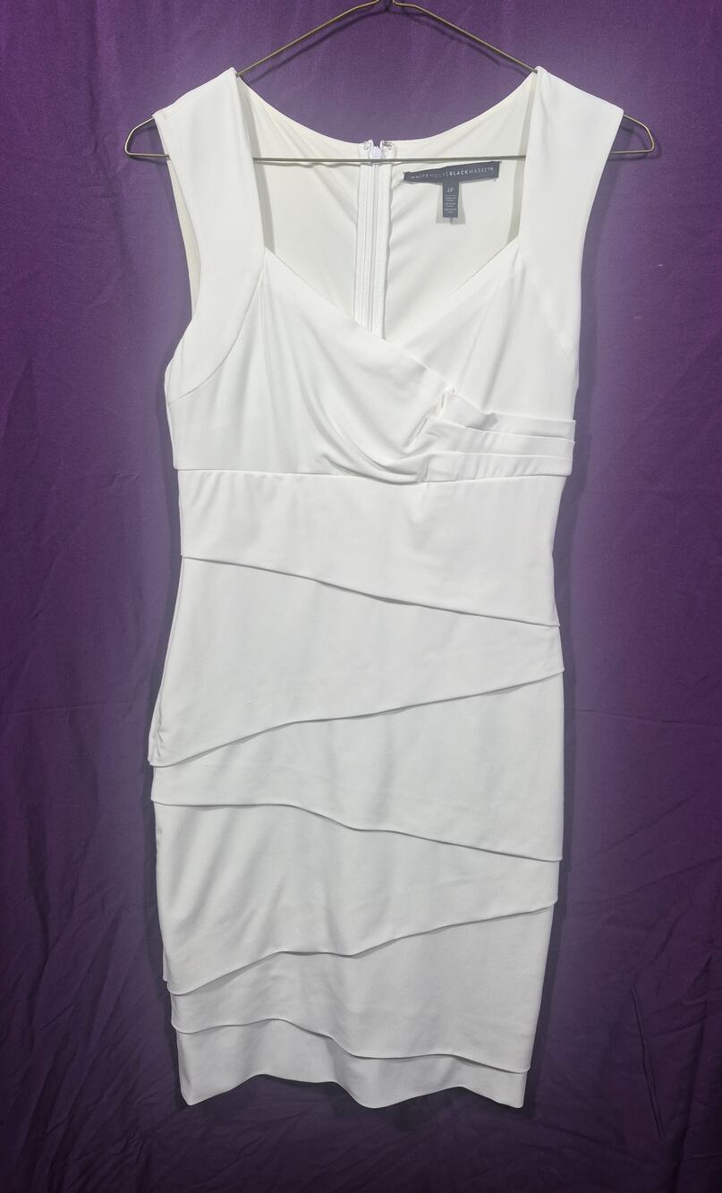 White House Black Market Dress Womens 4P White Ruched Layered Bodycon Cocktail
